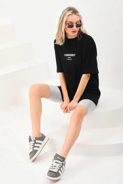 Unisex Baskılı Oversize T-Shirt - Siyah - Resim 8