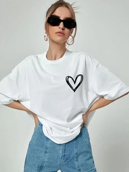 Kadın Bisiklet Yaka Baskılı Oversize T-Shirt - Beyaz ürün görseli