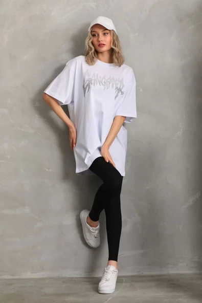 Unisex Taş Desenli Oversize T-Shirt - Beyaz - 5