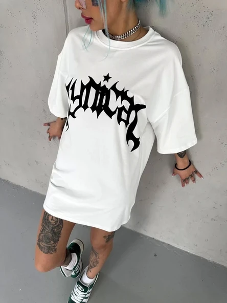 Unisex Bisiklet Yaka Baskılı Oversize T-Shirt - Beyaz ürün görseli