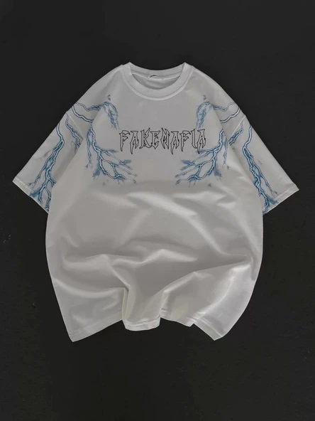 Unisex Bisiklet Yaka Baskılı Oversize T-Shirt - Beyaz - Resim 4