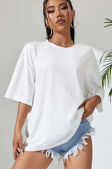 Unisex Baskılı Oversize T-Shirt - Beyaz - Resim 2