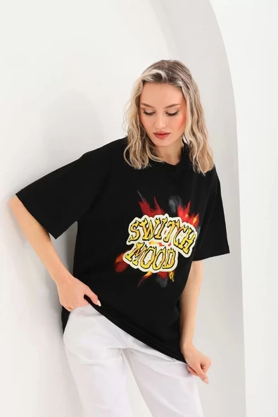Unisex Baskılı Oversize T-Shirt - Siyah - Resim 7