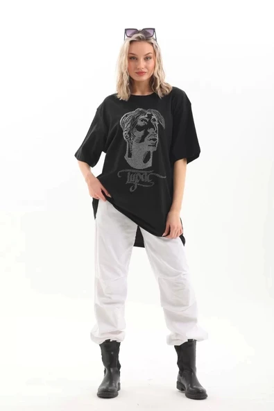 Unisex Taş Desenli Oversize T-Shirt - Siyah - 8