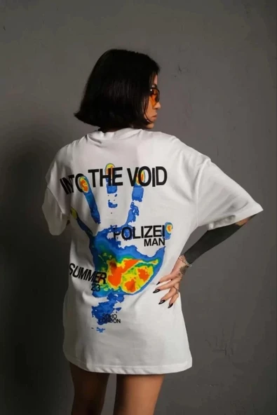 Unisex Bisiklet Yaka Baskılı Oversize T-Shirt - Beyaz - Resim 2