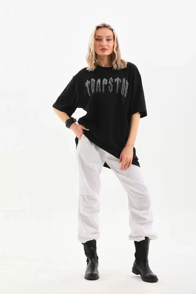Unisex Taş Desenli Oversize T-Shirt - Siyah - Resim 5