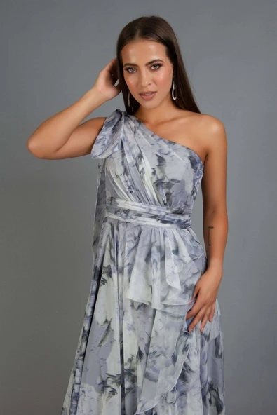 ELBİSE SIFON EMPIRME DESEN UZUN TEK OMUZ - Resim 2