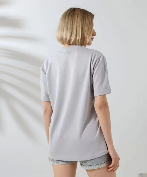 Unisex Bisiklet Yaka Baskılı Slim Fit T-Shirt - Boyalı Gri - Resim 7