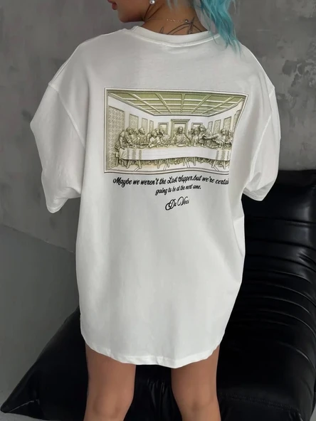 Unisex Baskılı Oversize T-Shirt - Beyaz ürün görseli