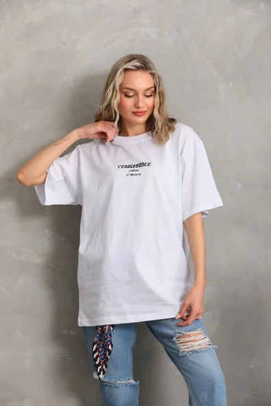 Unisex Baskılı Oversize T-Shirt - Beyaz ürün görseli