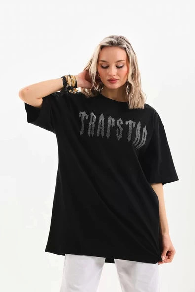 Unisex Taş Desenli Oversize T-Shirt - Siyah - Resim 7
