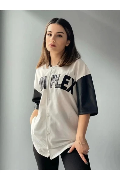 Kadın Complex Kolları Deri Kolej Oversize T-shirt - Beyaz - Resim 5