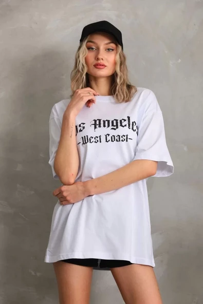 Unisex Baskılı Oversize T-Shirt - Beyaz - Resim 5