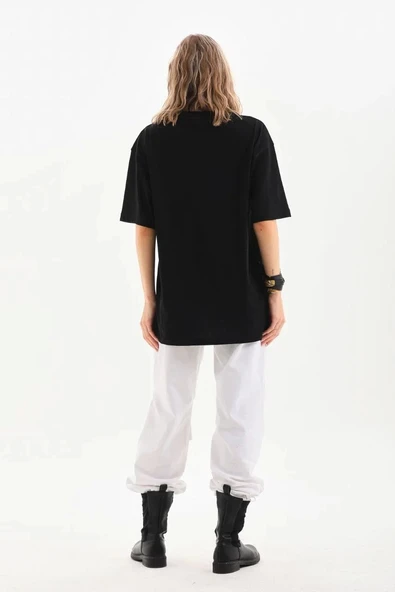 Unisex Bisiklet Yaka 20/1 Düz Oversize T-Shirt - Siyah - Resim 4
