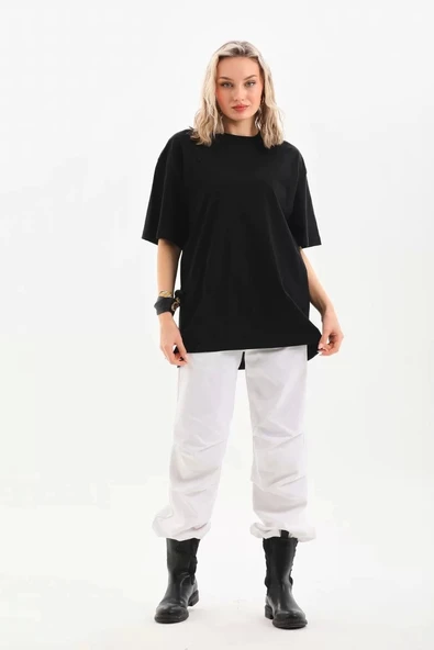 Unisex Bisiklet Yaka 20/1 Düz Oversize T-Shirt - Siyah - Resim 2