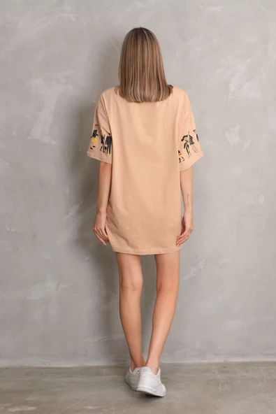 Unisex Bisiklet Yaka Baskılı Oversize T-Shirt - Bej - Resim 5