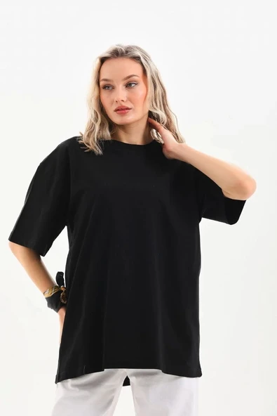 Unisex Bisiklet Yaka 20/1 Düz Oversize T-Shirt - Siyah ürün görseli