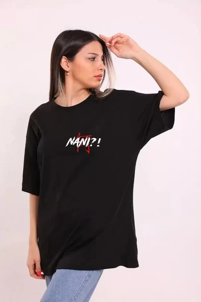 Unisex Bisiklet Yaka Baskılı Oversize T-Shirt - Siyah ürün görseli