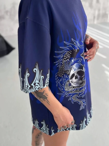 Unisex Bisiklet Yaka Baskılı Oversize T-Shirt - Lacivert - Resim 3