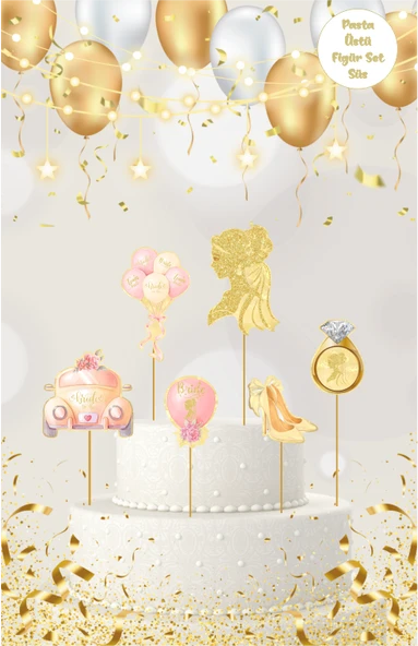 Bride Temalı Altın Pasta Üstü Figür Set ürün görseli