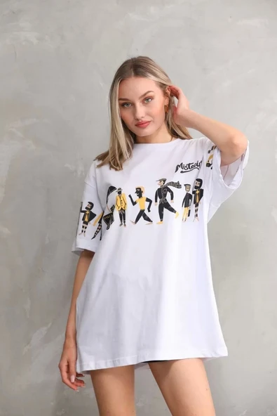Unisex Bisiklet Yaka Baskılı Oversize T-Shirt - Beyaz - Resim 2