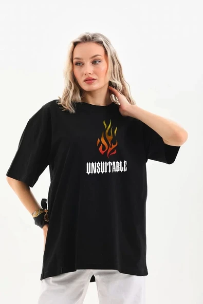 Unisex Bisiklet Yaka Baskılı Oversize T-Shirt - Siyah ürün görseli