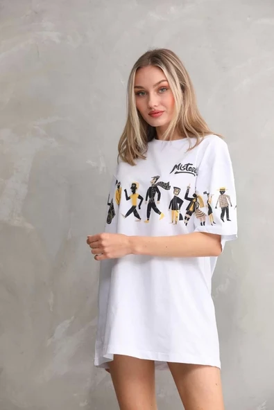 Unisex Bisiklet Yaka Baskılı Oversize T-Shirt - Beyaz - Resim 5