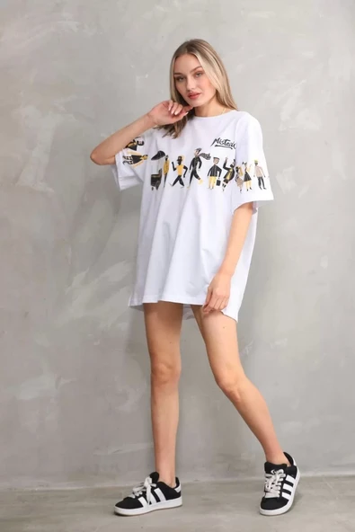 Unisex Bisiklet Yaka Baskılı Oversize T-Shirt - Beyaz - Resim 6