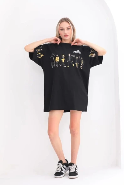 Unisex Bisiklet Yaka Baskılı Oversize T-Shirt - Siyah ürün görseli