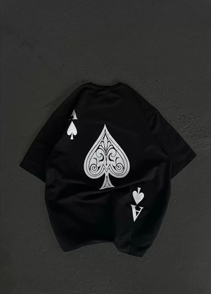 Unisex Bisiklet Yaka Baskılı Oversize T-Shirt - Siyah - Resim 2