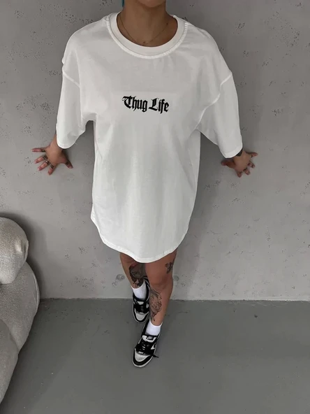 Unisex Bisiklet Yaka Baskılı Oversize T-Shirt - Beyaz ürün görseli