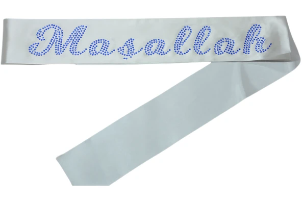 Maşallah Yazılı Kuşak Beyaz Üzeri Mavi Taşlı - 1