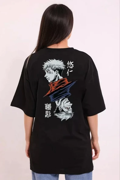 Unisex Bisiklet Yaka Baskılı Oversize T-Shirt - Siyah - Resim 2