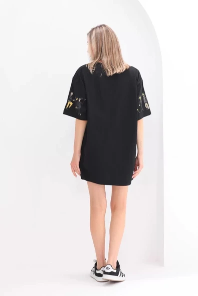 Unisex Bisiklet Yaka Baskılı Oversize T-Shirt - Siyah - Resim 6