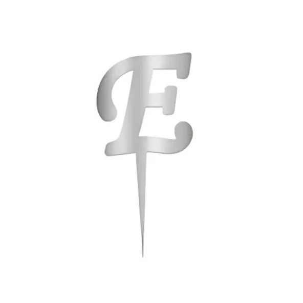 E Harfi Gümüş Pleksi Pasta Süsü 7 cm ürün görseli