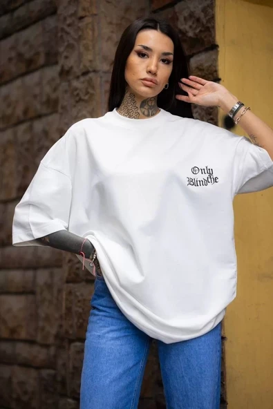 Unisex Bisiklet Yaka Baskılı Oversize T-Shirt - Beyaz ürün görseli