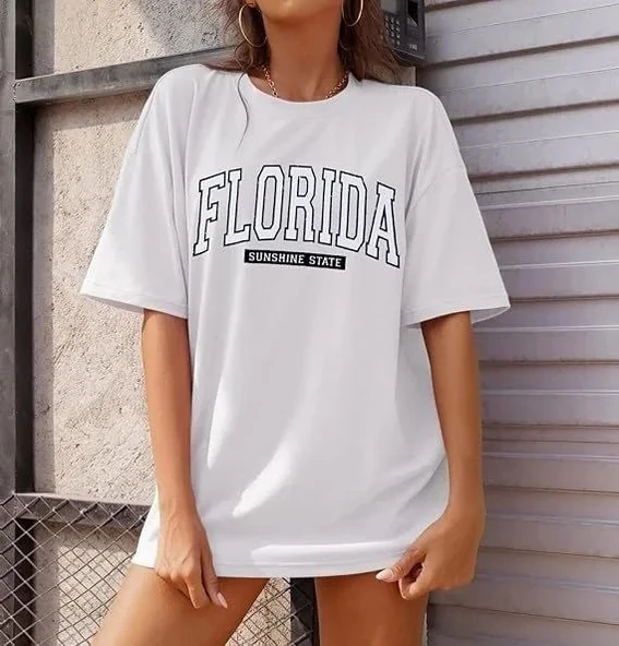 Kadın Bisiklet Yaka Baskılı T-shirt - Beyaz - Resim 3