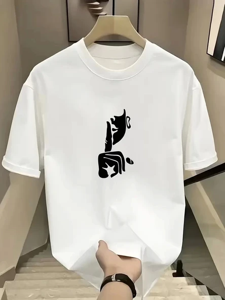Rahat Bisiklet Yaka Tişört, Yaratıcı Karikatür Baskı - Yumuşak Polyester, Her Mevsim Giyilebilir- Beyaz - 1