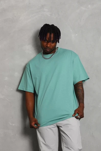 Unisex Oversize Düz Bisiklet Yaka T-Shirt - Mint Yeşili ürün görseli