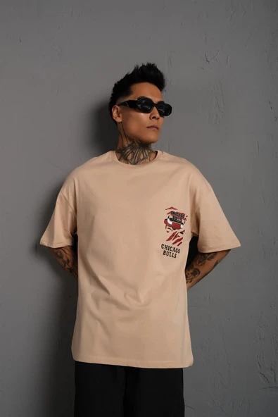 Erkek Sırt Baskılı A Kalite Oversize T-shirt - Bej - 3