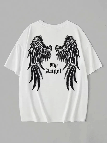 20/1 Penye Compack Dark Angel Baskılı Oversize Kısa Kol Yazlık T-shirt- Beyaz - Resim 3