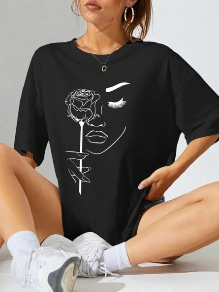 Kadın Baskılı Oversize T-shirt - Siyah ürün görseli