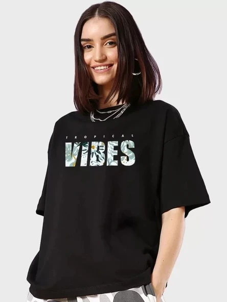 Kadın Baskılı Oversize T-shirt - Siyah - 1