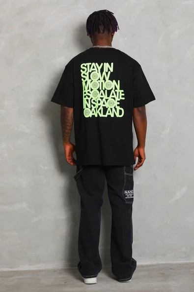 Unisex Oversize Baskılı Bisiklet Yaka T-Shirt - Siyah - Resim 5