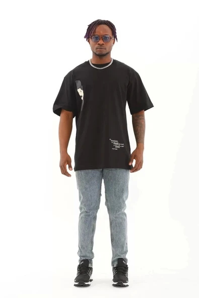 Unisex Oversize Baskılı Bisiklet Yaka T-Shirt - Siyah - Resim 4