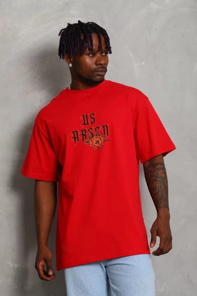 Unisex Oversize Baskılı Bisiklet Yaka T-Shirt - Kırmızı - Resim 5