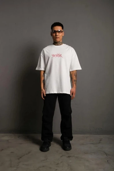 Erkek Sırt Baskılı Oversize T-Shirt - Beyaz - Resim 4