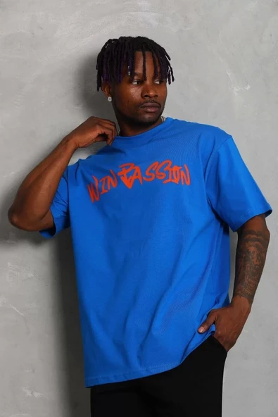 Unisex Oversize Baskılı Bisiklet Yaka T-Shirt - Mavi - 1