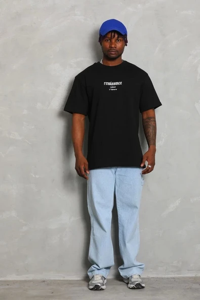 Unisex Oversize Baskılı Bisiklet Yaka T-Shirt - Siyah - Resim 3