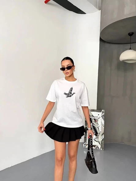 Kısa Kol Baskılı T-shirt - Beyaz - 1